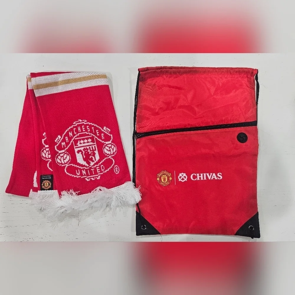 Manchester United Chivas Red Scarf and Chivas Gym Sack Drawstring Bag. New Set.